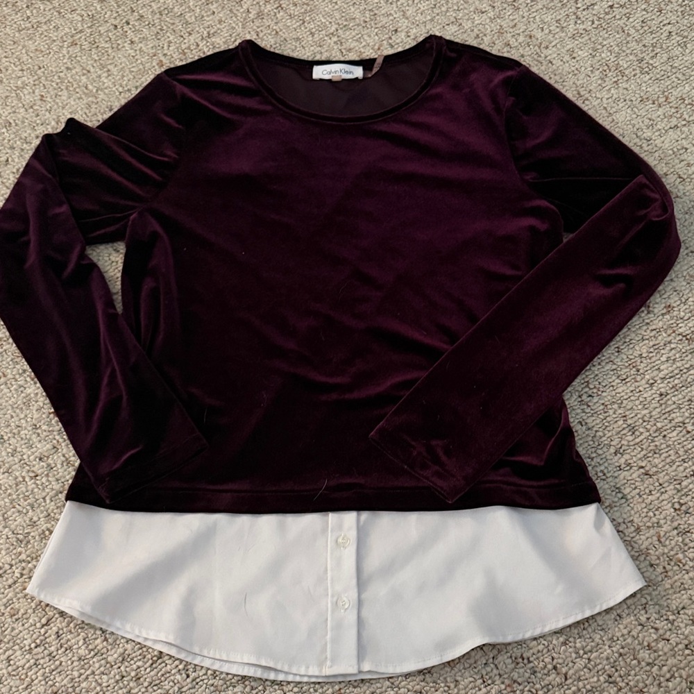 Calvin Klein Collection Velvet Long Sleeve Top - Rich Purple and White